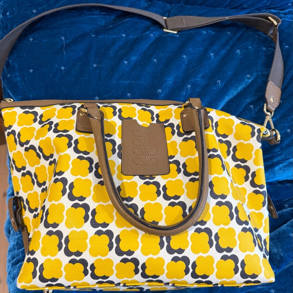 Orla Kiely Yellow Black Cream Floral Tote with Brown Trim